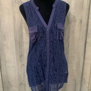 Maurice Fashions Navy Blue Lace Sleeveless Button Up Blouse Women's Size Small